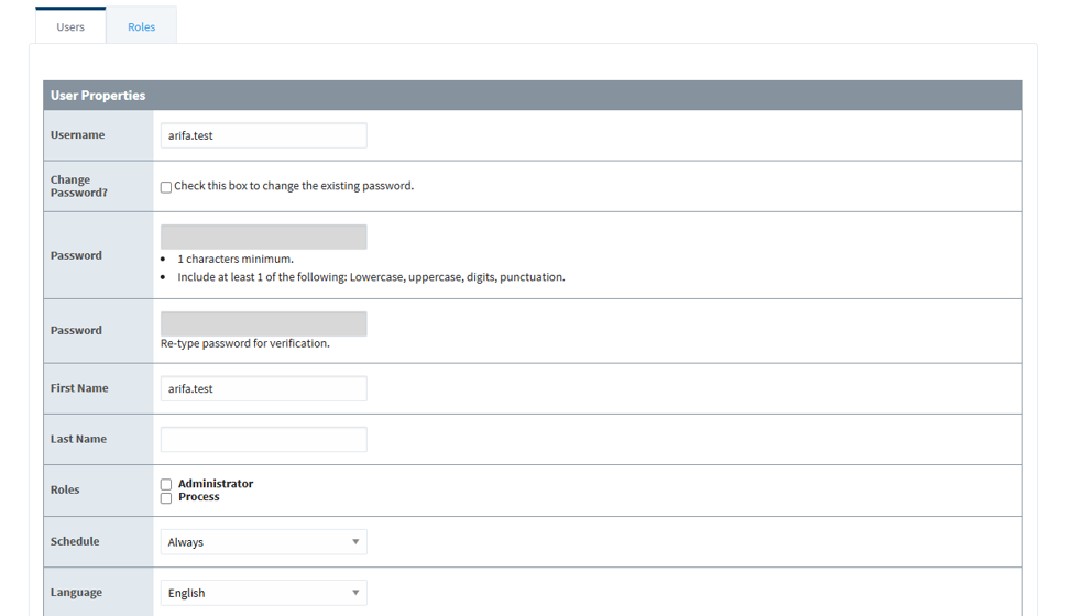 Ignition's user properties form for the user arifa.test, with Username, Password, First Name, Roles, Schedule and Language.