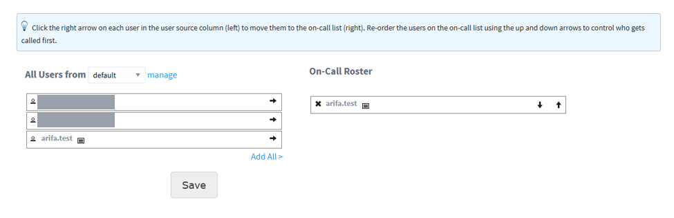 Ignition's on-call roster editor, with the user source's users on the left and the user arifa.test on the On-Call Roster list on the right.