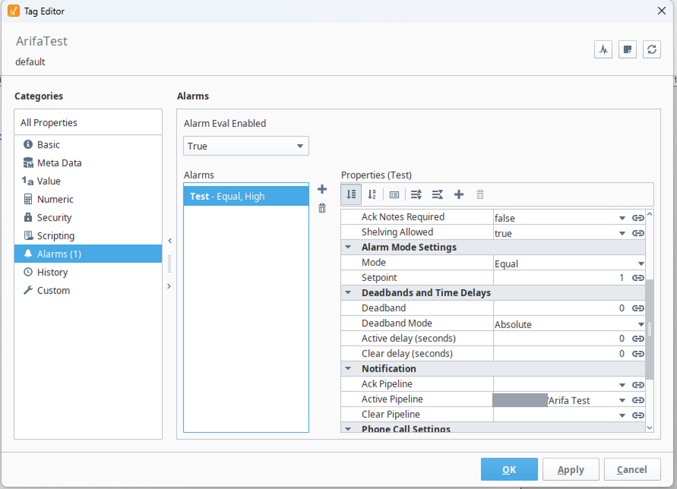Ignition's Tag Editor showing a tag's alarm called Test, with its Active Pipeline set to a pipeline called Arifa Test.