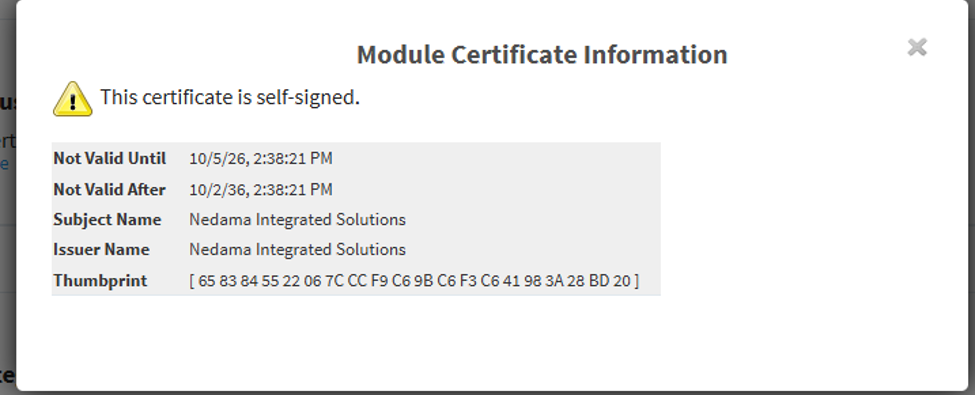 Ignition's Module Certificate Information dialog with the warning This certificate is self-signed. Subject Name and Issuer Name are both Nedama Integrated Solutions, and the Thumbprint reads 65 83 84 55 22 06 7C CC F9 C6 9B C6 F3 C6 41 98 3A 28 BD 20.