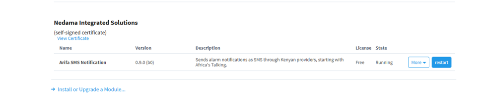 Ignition's module list showing Arifa SMS Notification, licence Free, state Running, under Nedama Integrated Solutions with a self-signed certificate.
