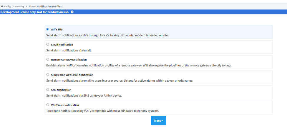 Ignition's list of alarm notification profile types, with Arifa SMS selected at the top: Send alarm notifications as SMS through Africa's Talking. No cellular modem is needed on site.