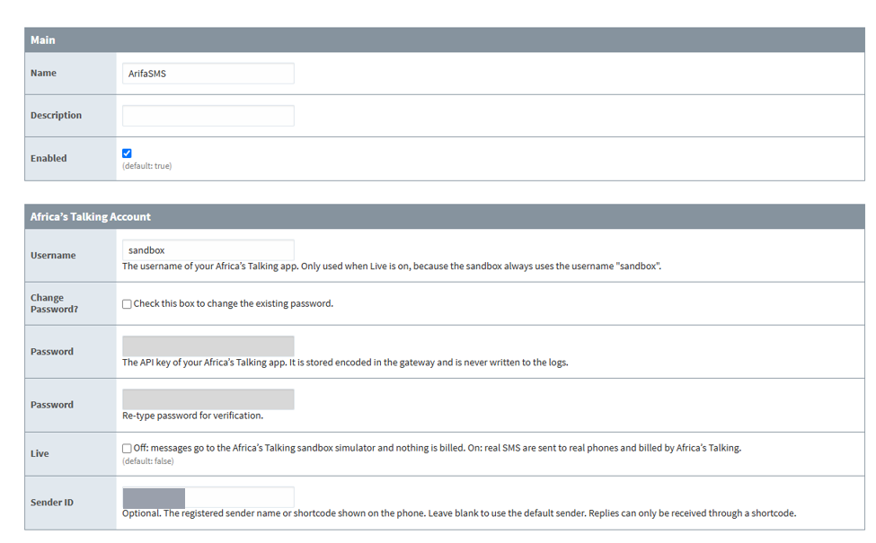 The Main and Africa's Talking Account sections of the Arifa profile form: Name, Description, Enabled, Username set to sandbox, Change Password, two Password boxes, Live unticked and Sender ID.