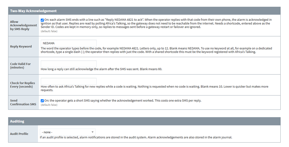 The Two-Way Acknowledgement and Auditing sections of the Arifa profile form: Allow Acknowledgement by SMS Reply ticked, Reply Keyword NEDAMA, Code Valid For and Check for Replies Every blank, Send Confirmation SMS ticked, and Audit Profile set to none.