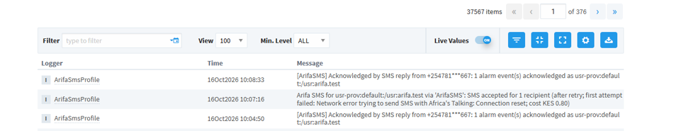 Ignition's gateway log, filtered to Arifa, showing three lines from the logger ArifaSmsProfile: two replies that acknowledged an alarm, and a send that was accepted after a retry, with the first attempt failed because of a network error, Connection reset, and its cost.