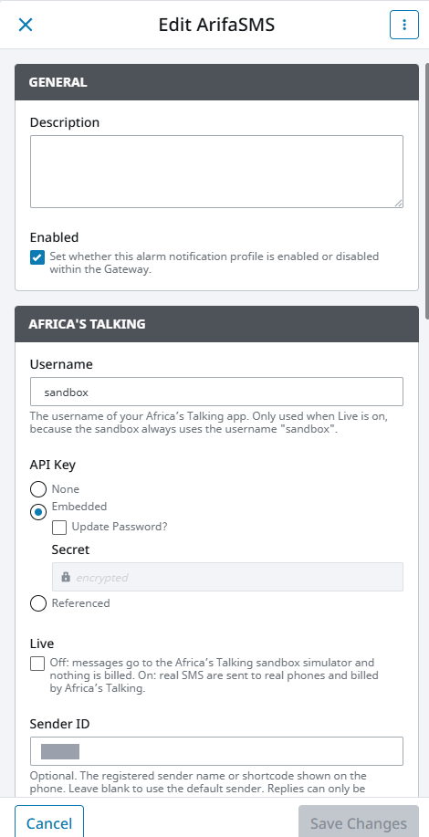The Edit ArifaSMS panel in Ignition 8.3, with the General and Africa's Talking sections: Description, Enabled ticked, Username set to sandbox, API Key set to Embedded with an Update Password box and an encrypted Secret, the Referenced choice, Live unticked and Sender ID.