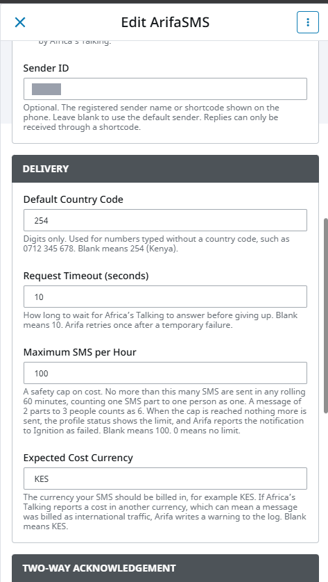 The Delivery section of the Edit ArifaSMS panel in Ignition 8.3, with Default Country Code 254, Request Timeout 10, Maximum SMS per Hour 100 and Expected Cost Currency KES, each with its help text.