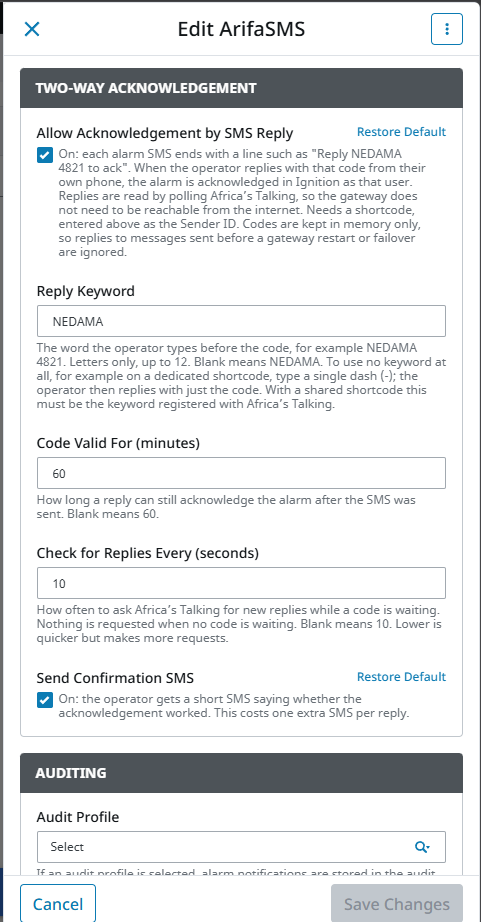 The Two-Way Acknowledgement and Auditing sections of the Edit ArifaSMS panel in Ignition 8.3: Allow Acknowledgement by SMS Reply ticked, Reply Keyword NEDAMA, Code Valid For 60, Check for Replies Every 10, Send Confirmation SMS ticked, and no Audit Profile selected.