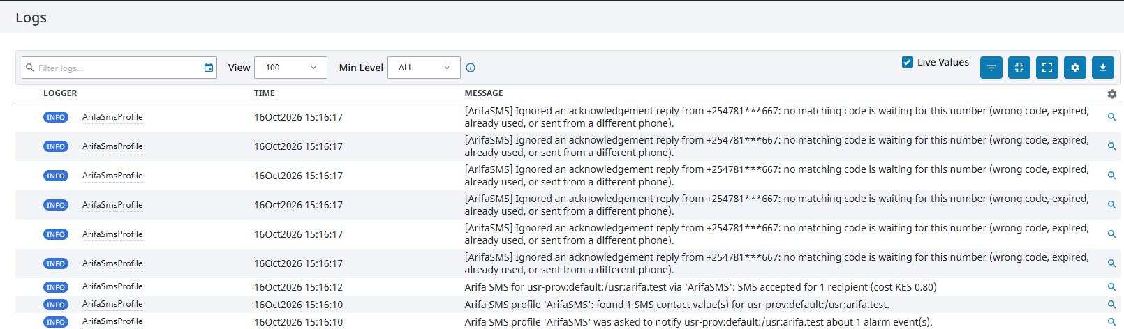 Ignition 8.3's Logs page with Live Values ticked, showing lines from the logger ArifaSmsProfile. Read from the bottom: the profile was asked to notify a user about 1 alarm event, found 1 SMS contact value for that user, and an SMS was accepted for 1 recipient at a cost of KES 0.80. Above them, six replies from a masked number were ignored because no matching code was waiting.