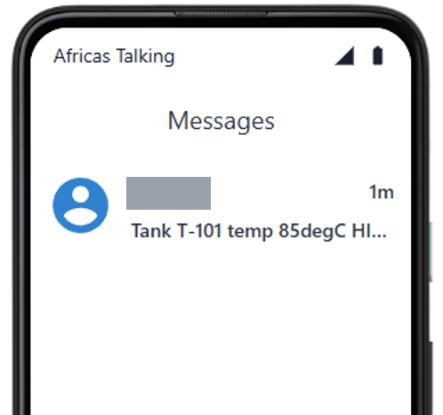 Africa's Talking's phone simulator showing one new message, from a covered sender, starting Tank T-101 temp 85degC HI.