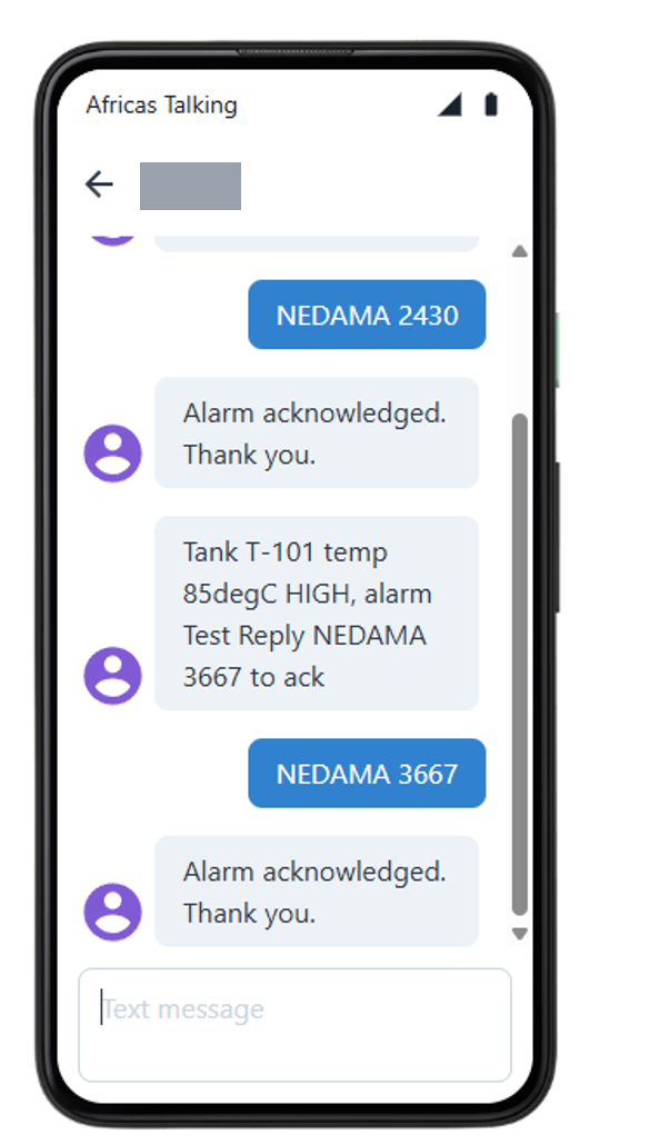 A conversation in Africa's Talking's phone simulator: the alarm SMS Tank T-101 temp 85degC HIGH, alarm Test Reply NEDAMA 3667 to ack, the reply NEDAMA 3667, and the confirmation Alarm acknowledged. Thank you.
