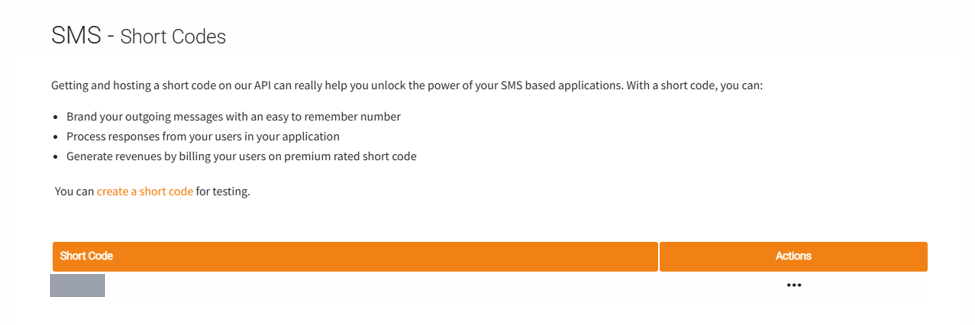 The Africa's Talking SMS Short Codes page in the sandbox, with a link to create a short code for testing and a table listing one short code.