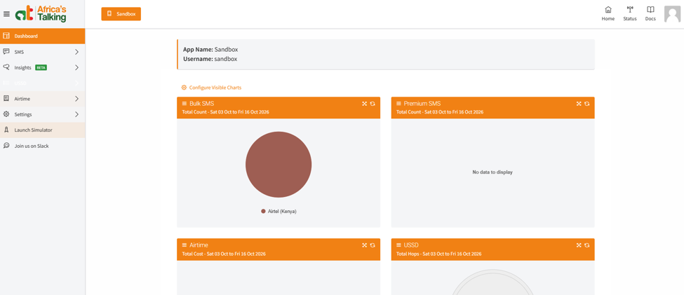 The Africa's Talking dashboard for the sandbox app, showing the app name Sandbox and the username sandbox, with Launch Simulator in the menu.