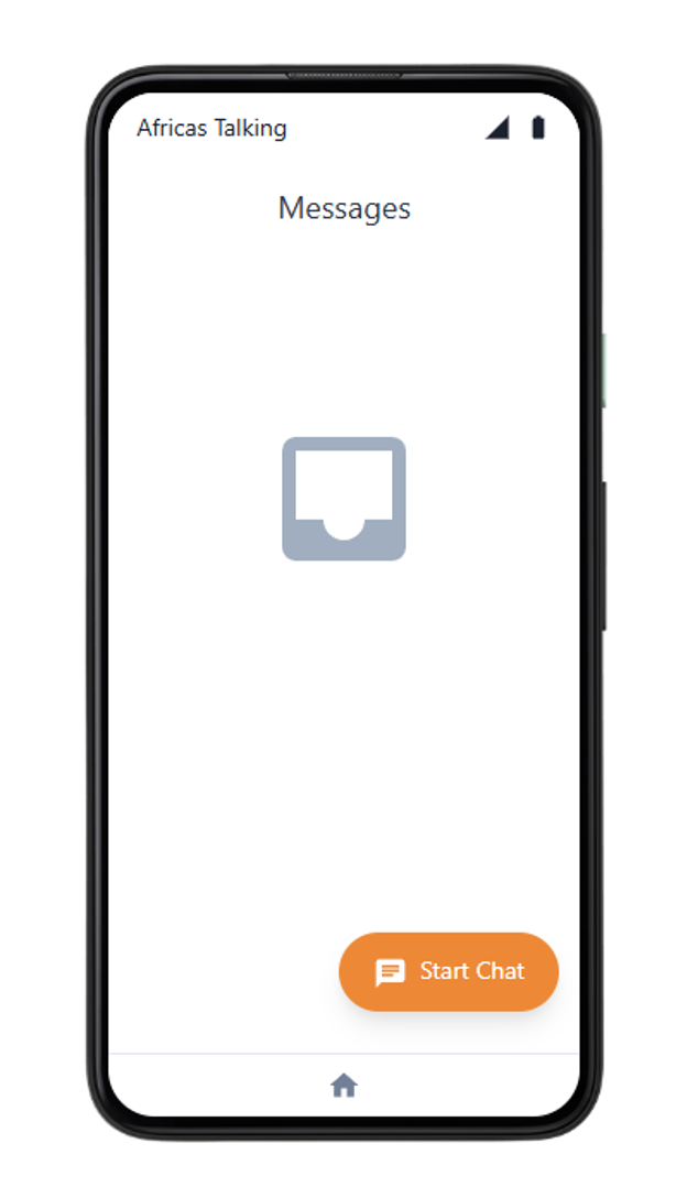 The Africa's Talking phone simulator open in a browser, with an empty Messages screen and a Start Chat button.